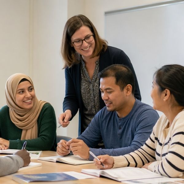Three English language learners gather around a table in a classroom with a helpful instructor near them