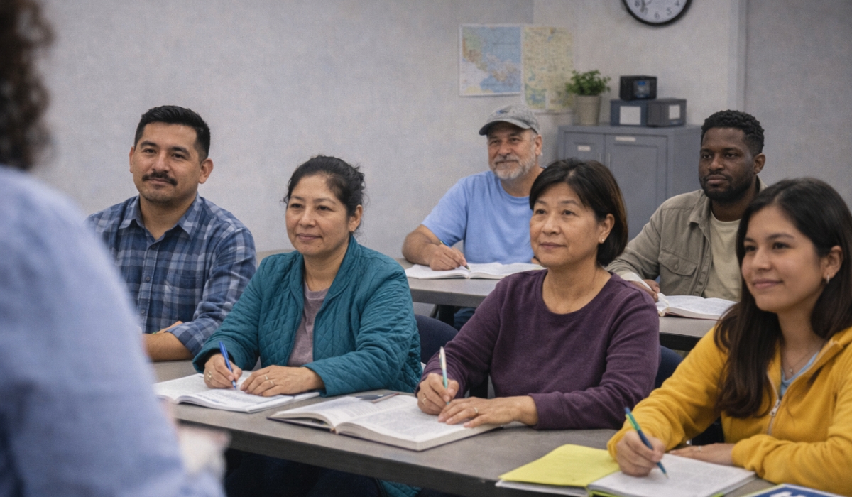ESL students from a variety of backgrounds pay close attention to their instructor in the classroom.