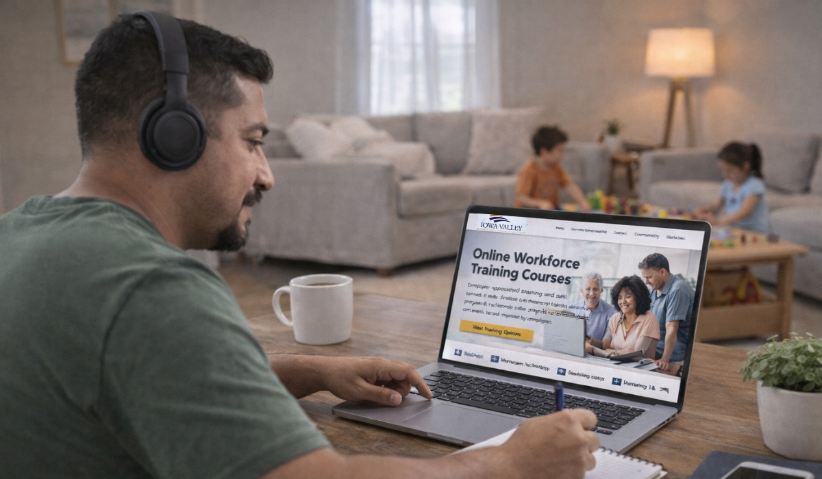 A working man is at home taking an online course via his laptop while his children play in the other room.