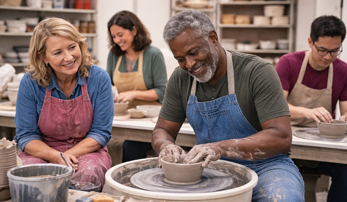 A male student works on a clay pot in a continuing education pottery class while an instructor observes. Two other students in the background also are shaping clay.
