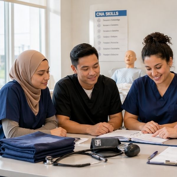 Pre-CNA students at a table reviewing healthcare training materials.