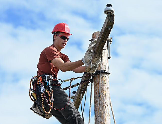 student climbing powerline pole